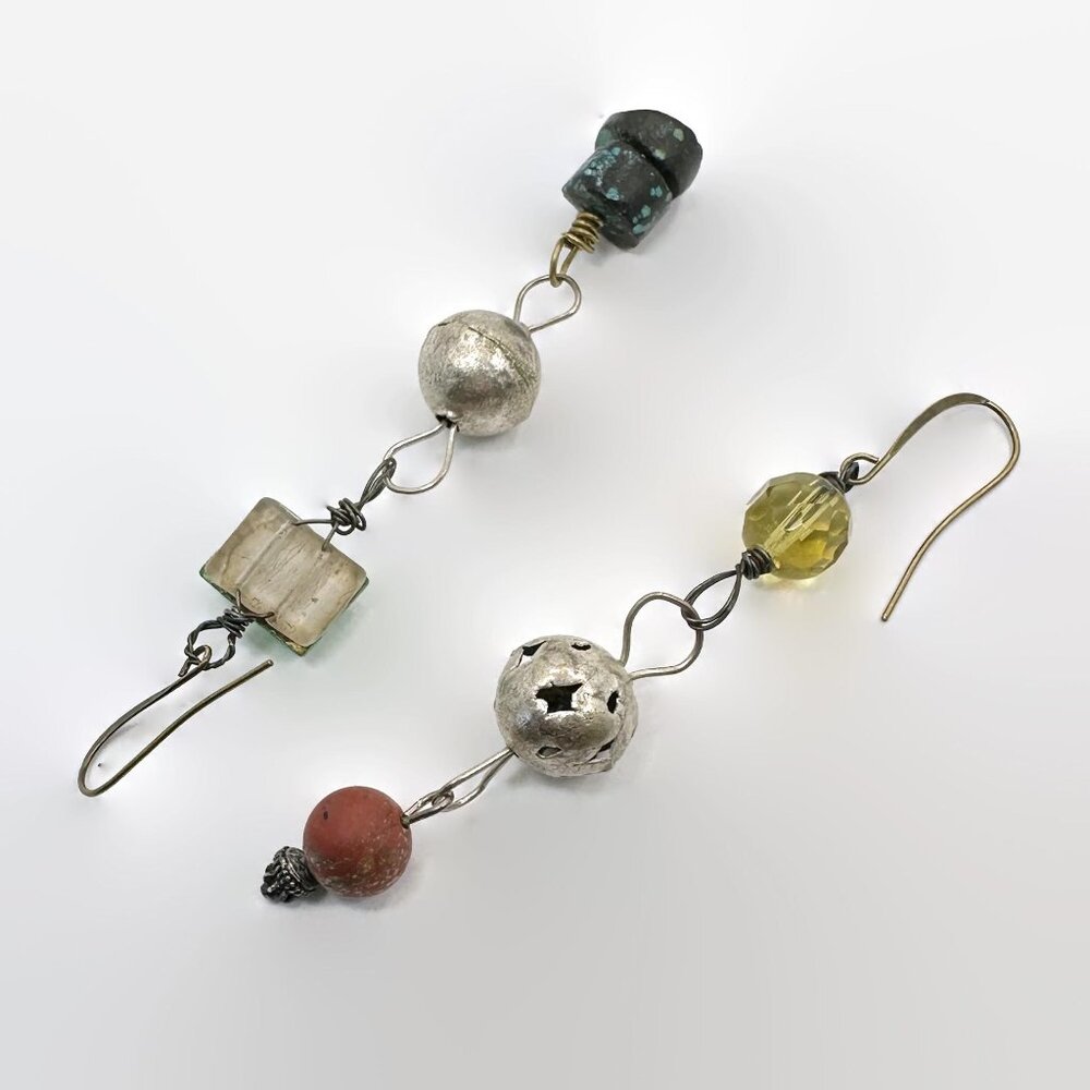 Asymmetrical Earrings, Turquoise, Silver, Beads, Mixed Material, Vintage - Picture 4 of 4